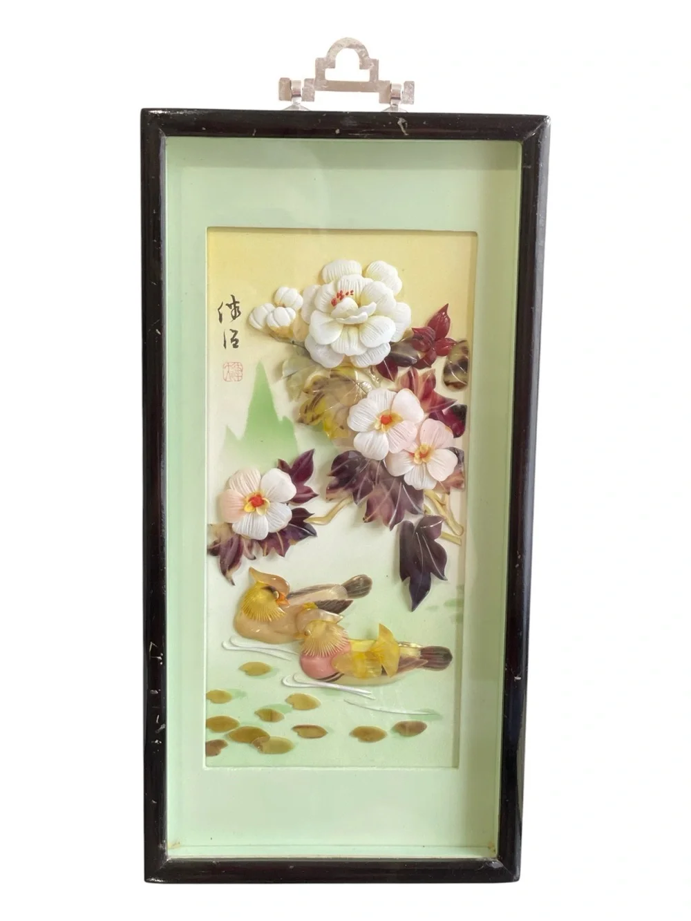 Vintage Chinese Carved Shell Shadow Box Art – Signed with Artist Seal